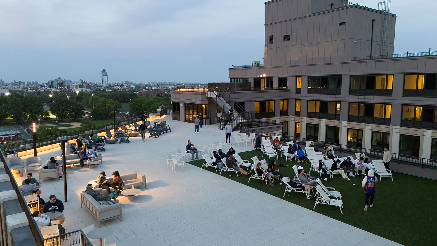 Rooftop terrace at One Park Point apartments overlooking Prospect Park